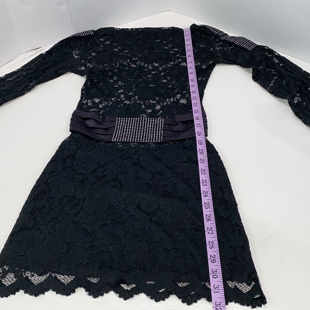 Sentimental NY By Sam Hourani Black Lace Dress With Rhinestone Tuxedo Belt Sz M - Picture 8 of 13